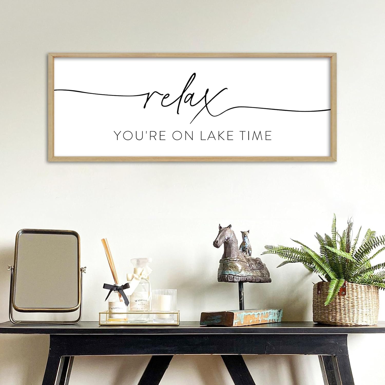 YWMZYKJGS Relax You're On Lake Time Wall Decor Art 32"×12" Lake House Sign Above Bed Bedroom Large Rustic Living Room Wood Framed Vintage Horizontal Wall Hanging (Wood)