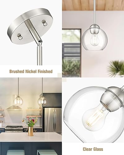 Miniatura 3 de Emak PL119-BN-2PK, PL119-BN - Luces colgantes de 7 pulgadas, lámparas colgantes de níquel cepillado con pantalla de vidrio transparente, paquete de