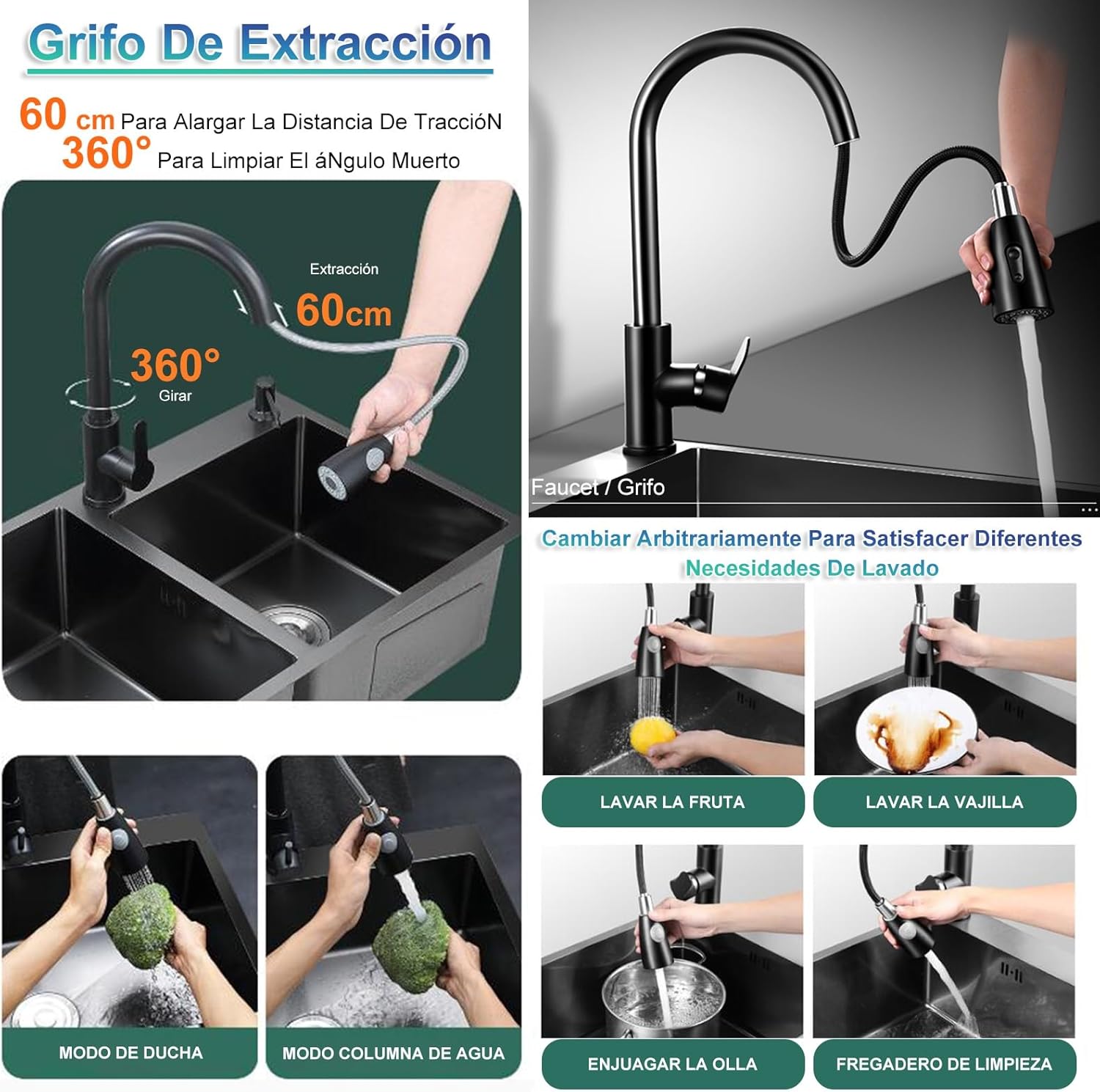 Double Bowl Kitchen Sink with Pull-Down Faucet Black Bar Prep Sink Stainless Steel Workstation with Nanocoated Surface Easy to Clean Dual Mount Design,Negro,75x40x21cm