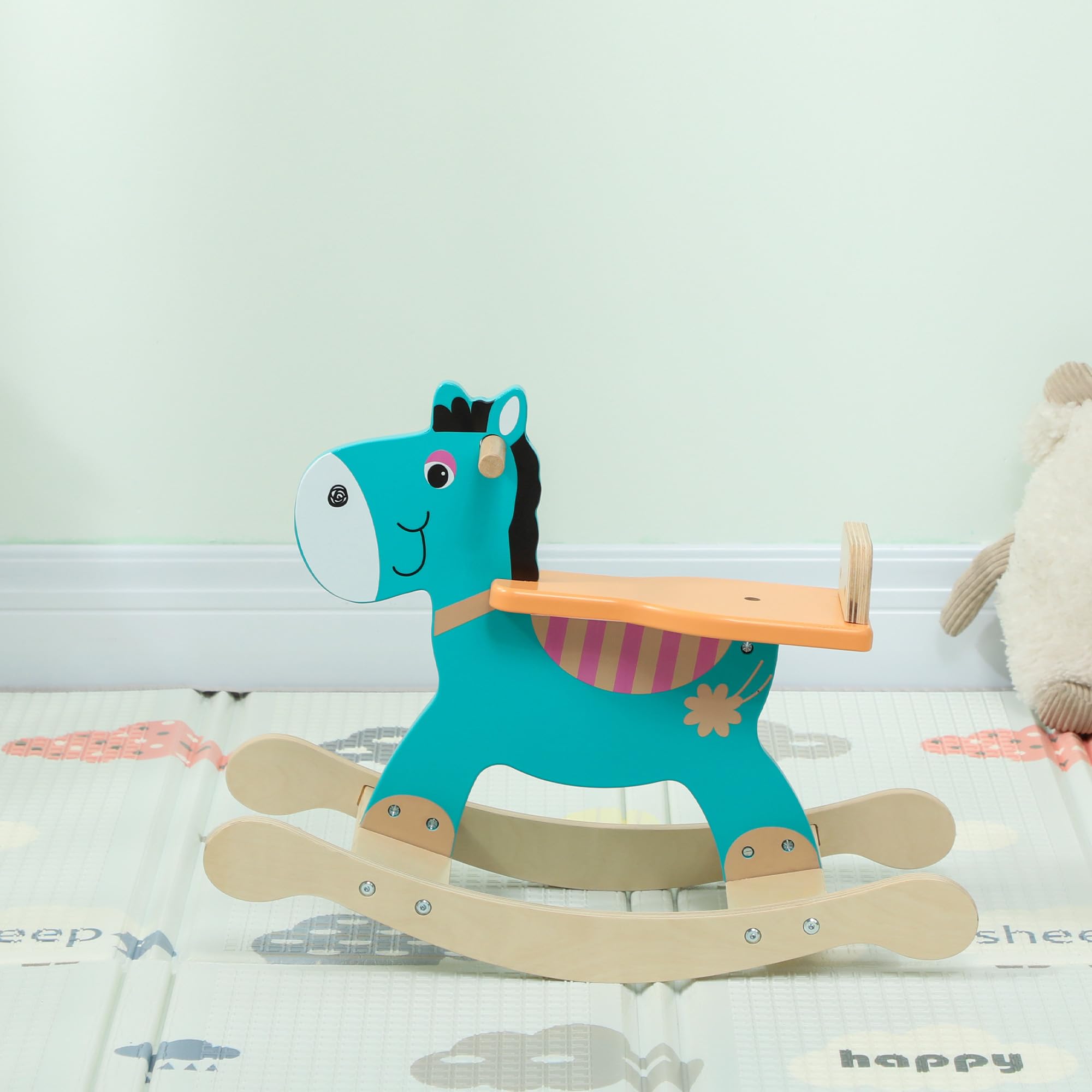 AIYAPLAY Cavallo a Dondolo a Forma di Asino per Bambini 2-5 Anni con Base Larga, Cavallino a Dondolo in Legno compensato, 59x27x43 cm, Verde Scuro e Arancione