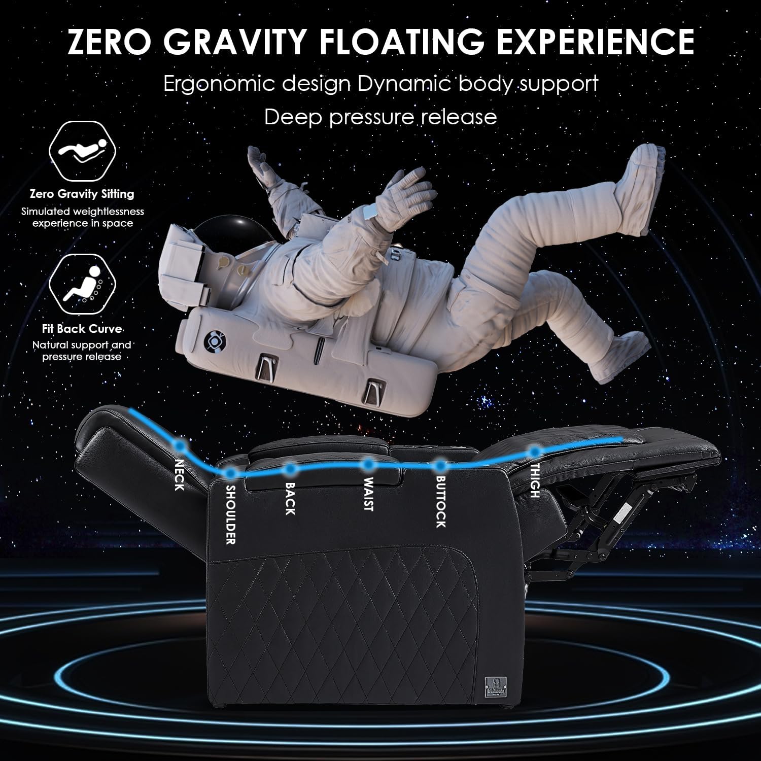 Weilianda Astronaut Zero Gravity Home Theater Seating Top Grain Leather Recliner Sofa Power Headrest Footrest with Carbon Fiber Tray Table, Tablet Stand, Type-C USB Charging, Cup Holder Row of 1 Black