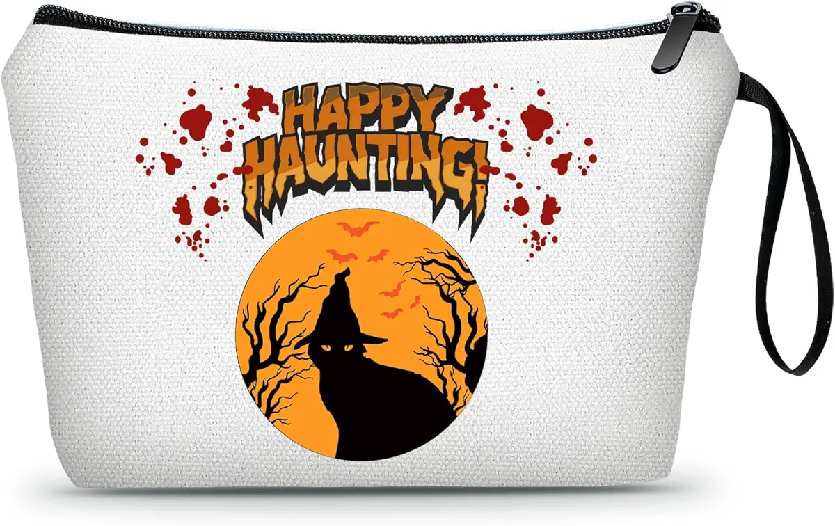 SEAMOON Friends Gift for Women, Spooky Gifts,Funny Cat Gifts,Halloween Funny Skull Gift,Halloween Purse, Small Makeup Bag, Gifts for Women Birthday Unique,Halloween Decorations