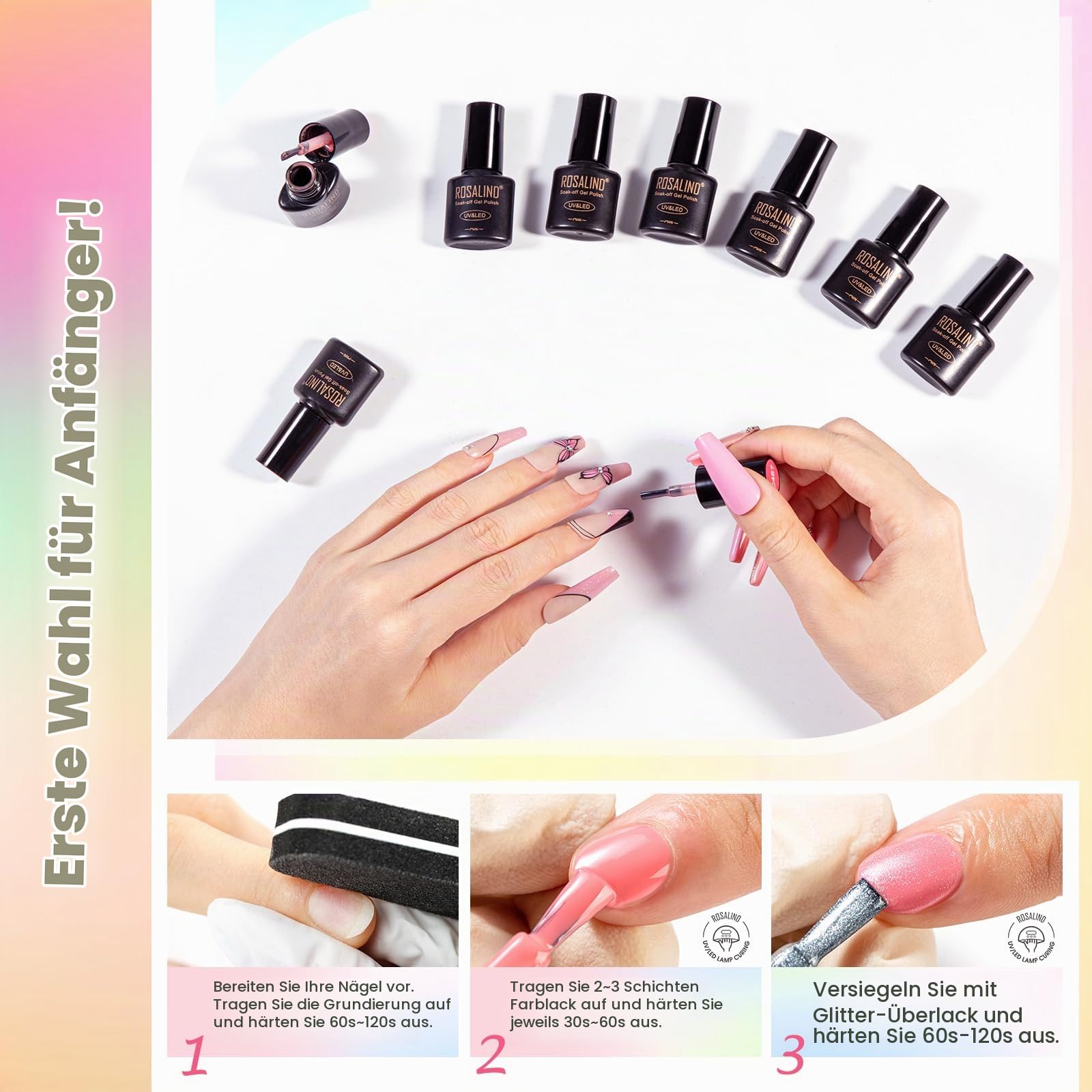 ROSALIND UV Nagellack Set 100 Stück Schwarz Weiß Rot Rosa Blau Grün Violett