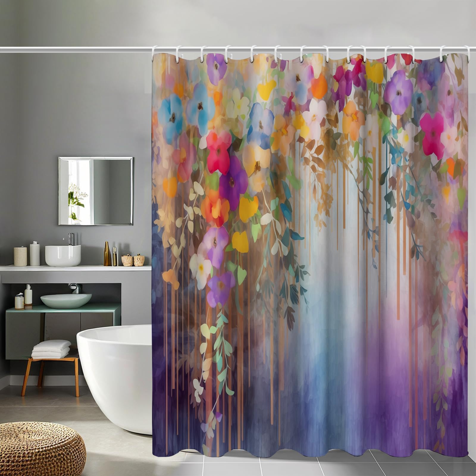 Rideau de douche vigne floral en tissu polyester imperméable bleu violet pour baignoire 180x180cm
