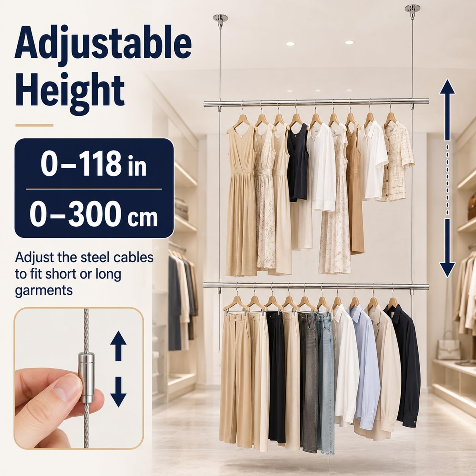 Deckenmontierter Kleiderständer, Doppellagige Edelstahl Kleiderstange, Höhenverstellbar 0–300cm, Tragkraft 75kg, Ideal für Einzelhandel, Waschküche, Schlafzimmer und Eingangsbereich(100cm/39inch)
