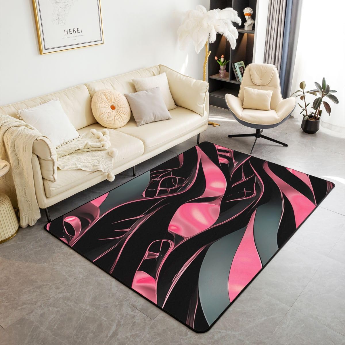 Erosebridal Geometric Area Rug 4'11" x 3'3" Abstract Living Room Rugs Wavy Print Modern Fashion Flowing Decorative Carpet Streamlined Marble Texture Pink Black Indoor Floor Mat