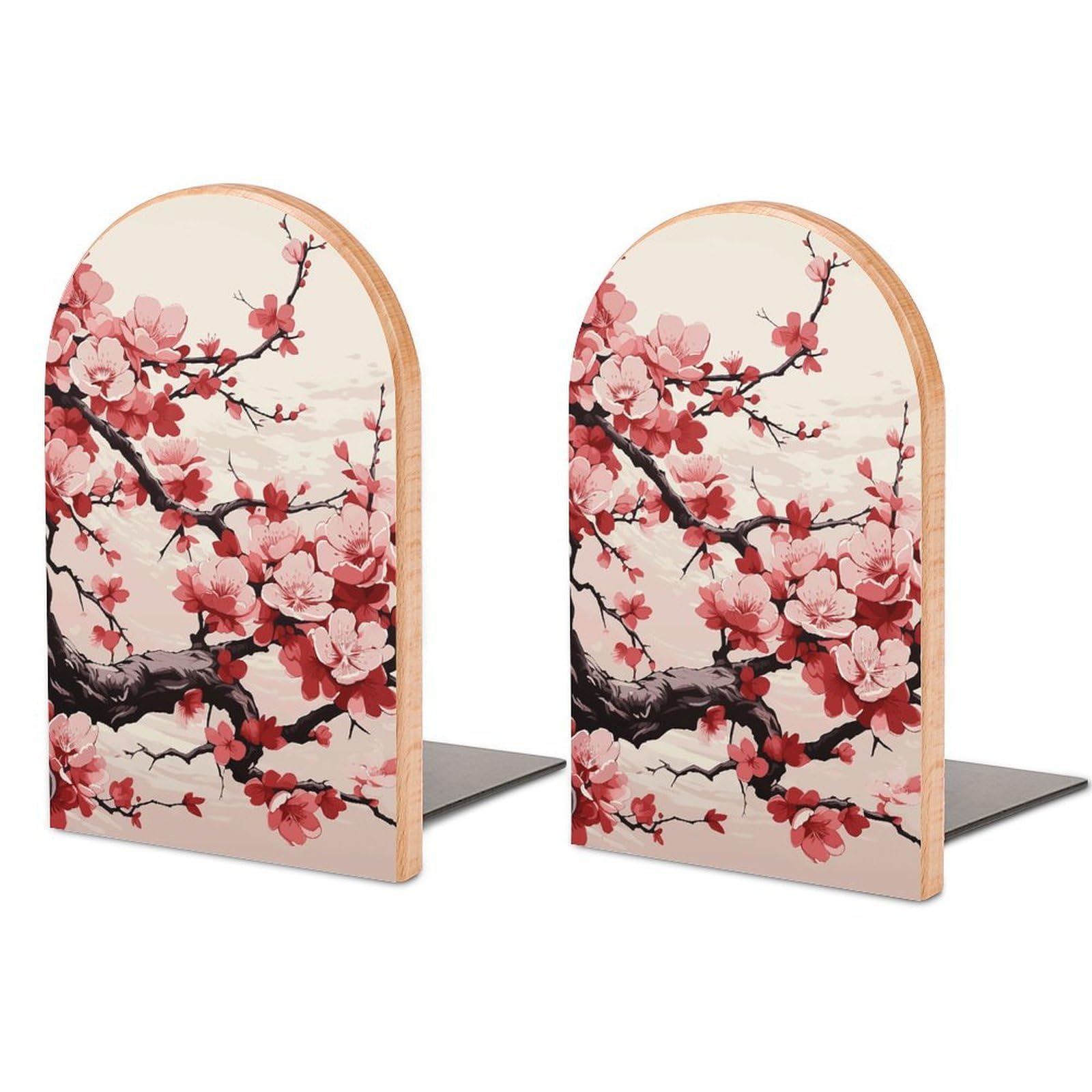 Japanese Floral Cherry Blossom Book Ends for Shelves - 2 Pack Handmade Wooden Bookends with Metal Base, Sturdy Book Holder for Heavy Books Modern Decorative Book Stopper for Home Office