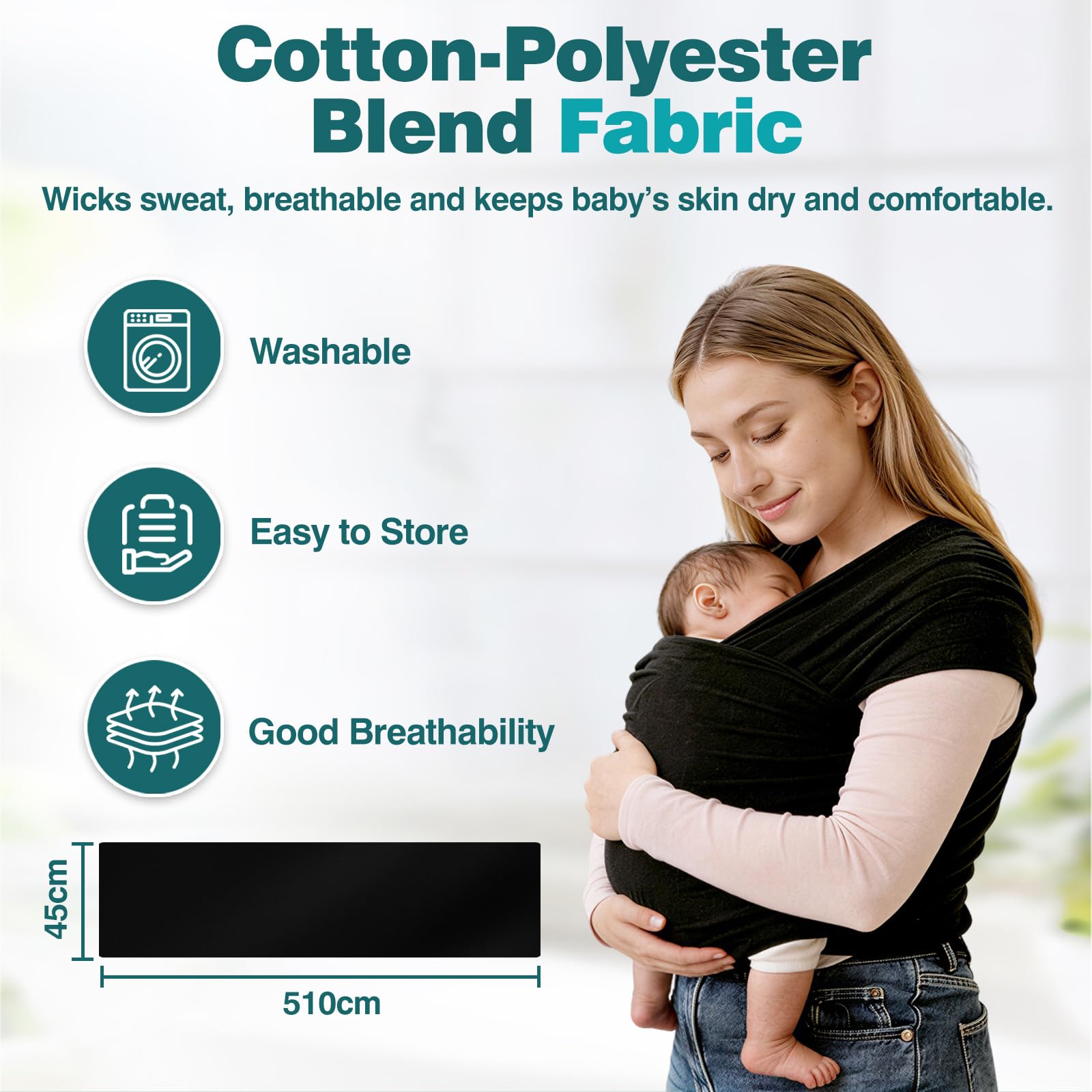 Fular Portabebé para recién nacidos, Pañuelo Porteo Ergonómico, Bufanda de transporte manos libres ligera, Porta Bebés de Tela Suave y Elástico, Fular Porteo Mochila multiusos apropiada hasta 15 kg — view 8