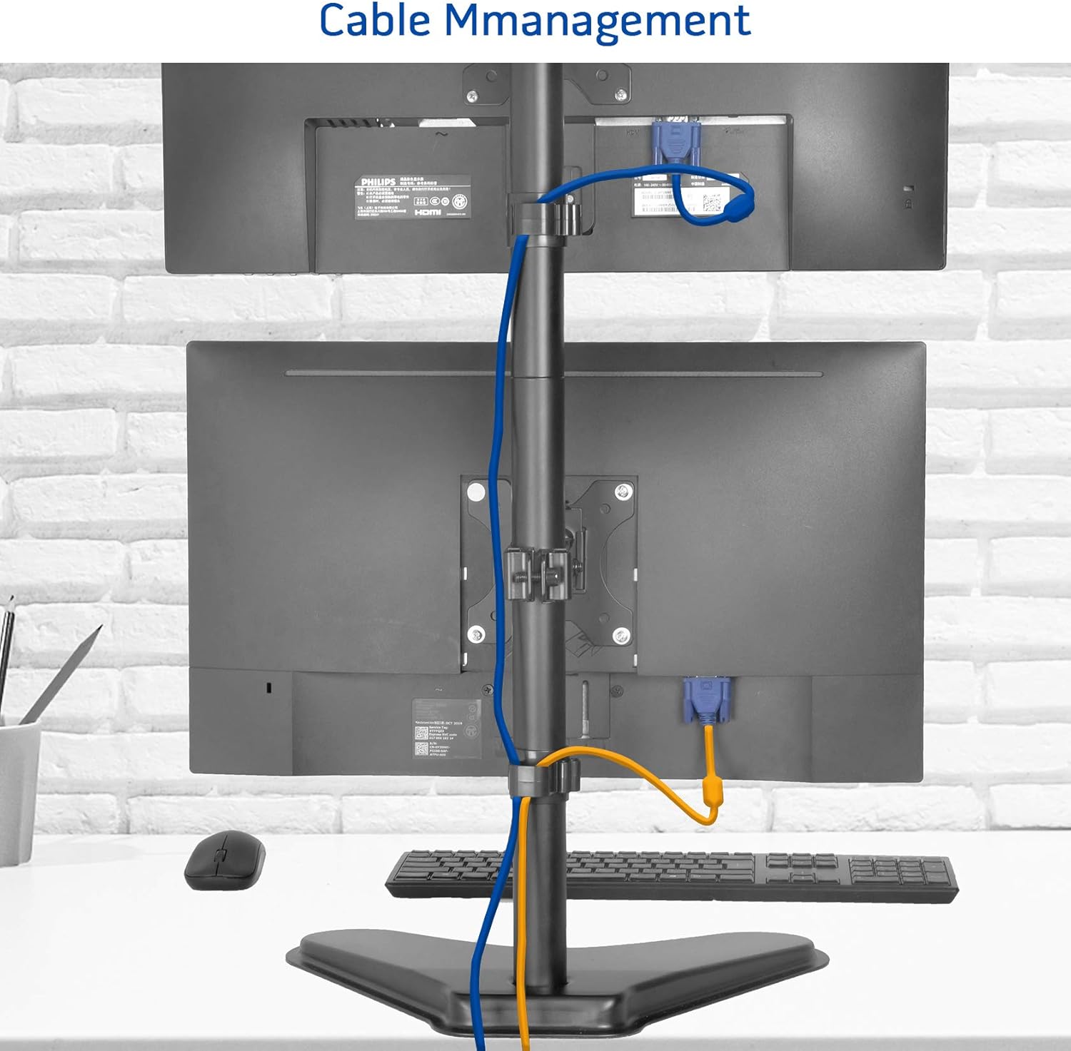 Tył view of dual monitors with cables routed through cable management clips