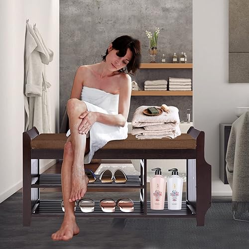 Miniatura 18 de Banco de zapatos de bambú con 3 ganchos laterales, cojín gris extraíble, almacenamiento de zapatos de entrada de 2 niveles, 37.4 x 11.4 x 19.3