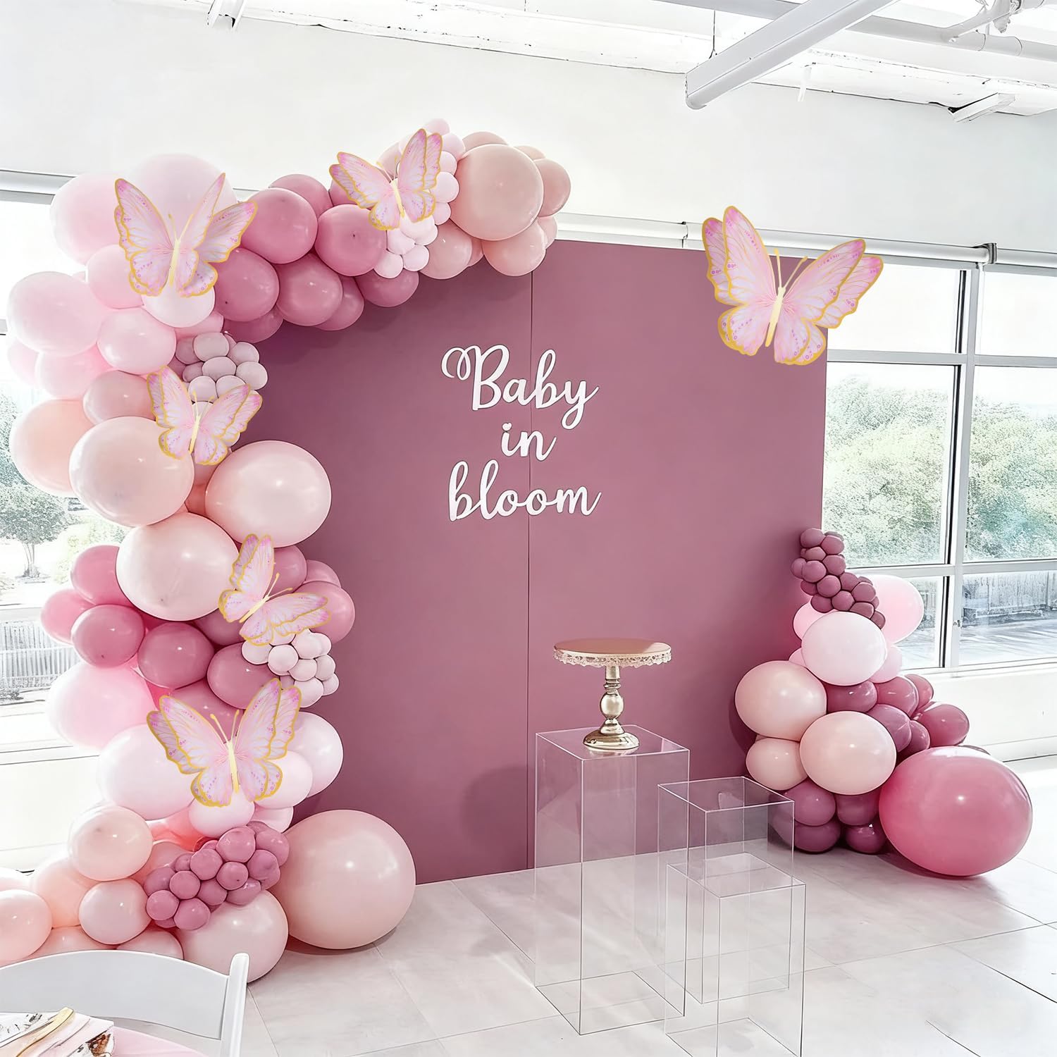 3D Butterfly Wall Decor - Gold Paper Butterflies Sticker for Balloon Arch Garland & Cake Topper - Removable Mural Decals for Baby Shower, Wedding, Nursery & Girls Room Decoration (Pink) - Image 3
