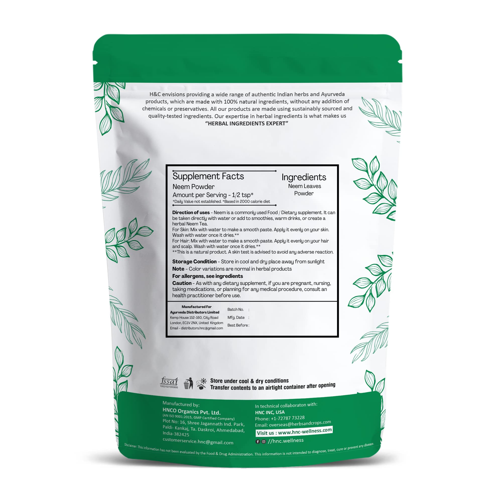 H&C Natürliches Neemblätter-Pulver, 1 kg