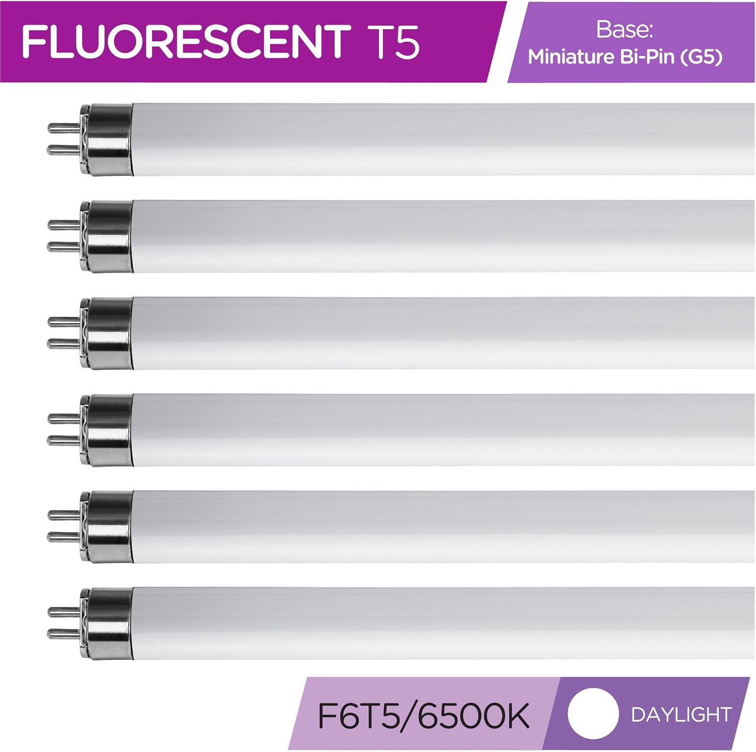 KOR (Pack of 6) F6T5/D - T5 Fluorescent 6500K Daylight - 6 Watt - 9" Super Long Life Light Bulbs