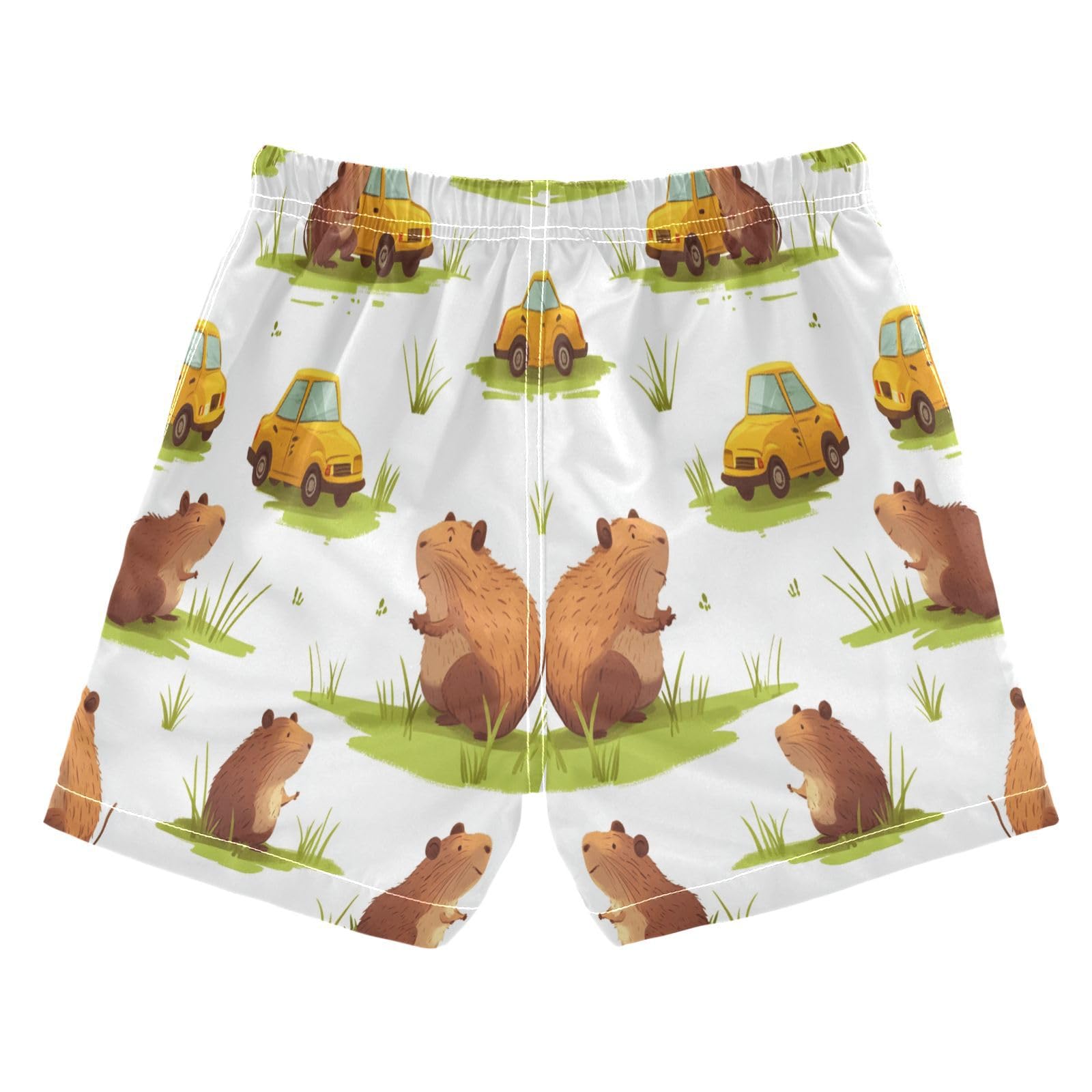 Jucciaco Boys Beach Board Shorts Yellow Capybara Car Animal Quick Dry Swim Trunk Swimwear for Kids