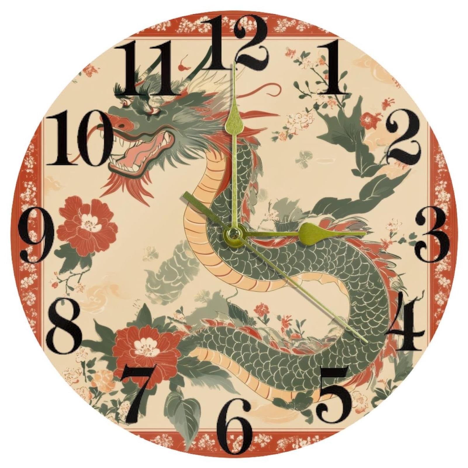 Horloge murale silencieuse à quartz motif dragon pour chambre et bureau