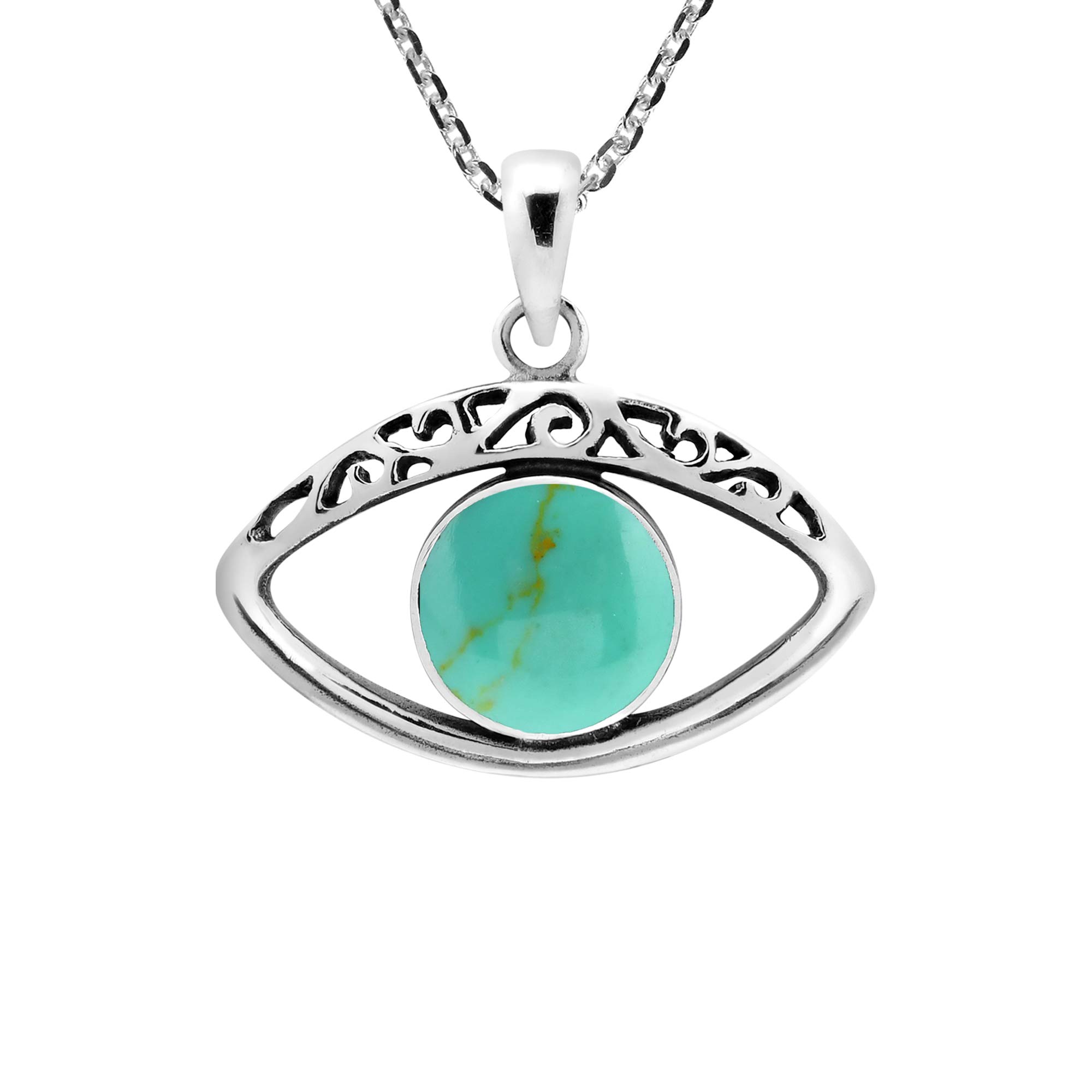AeraVida Dainty Filigree Evil Eye Jewelry Turquoise Gemstone Eye Protection Amulet 925 Sterling Silver Charm Necklace, 25x24mm