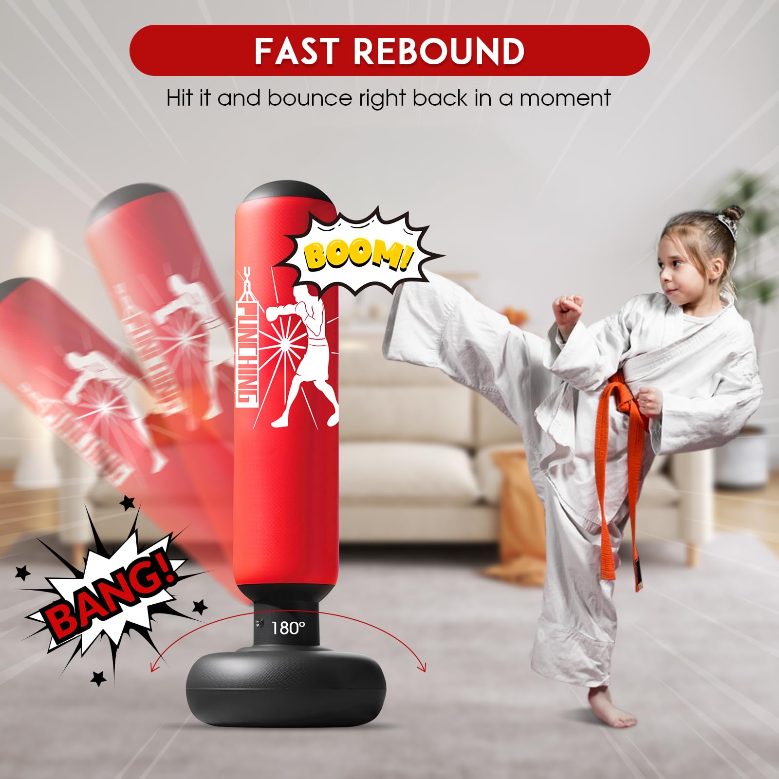 Qoosea Boxsack Für Kinder 6-12 Jahre | 160cm Aufblasbar Mit Handschuhen | Für Karate, Taekwondo & MMA