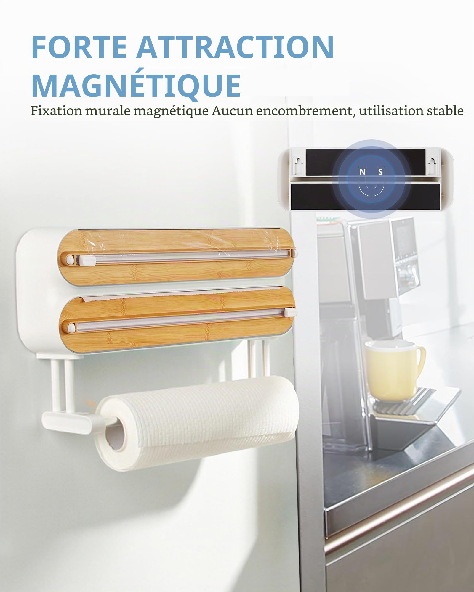 3 in 1 Derouleur Film Alimentaire avec Porte Sopalin Cuisine, Distributeur Film Alimentaire, Magnétique Distributeur Papier Aluminium et Film avec Coupeur (Couleur Bambou et Bois)