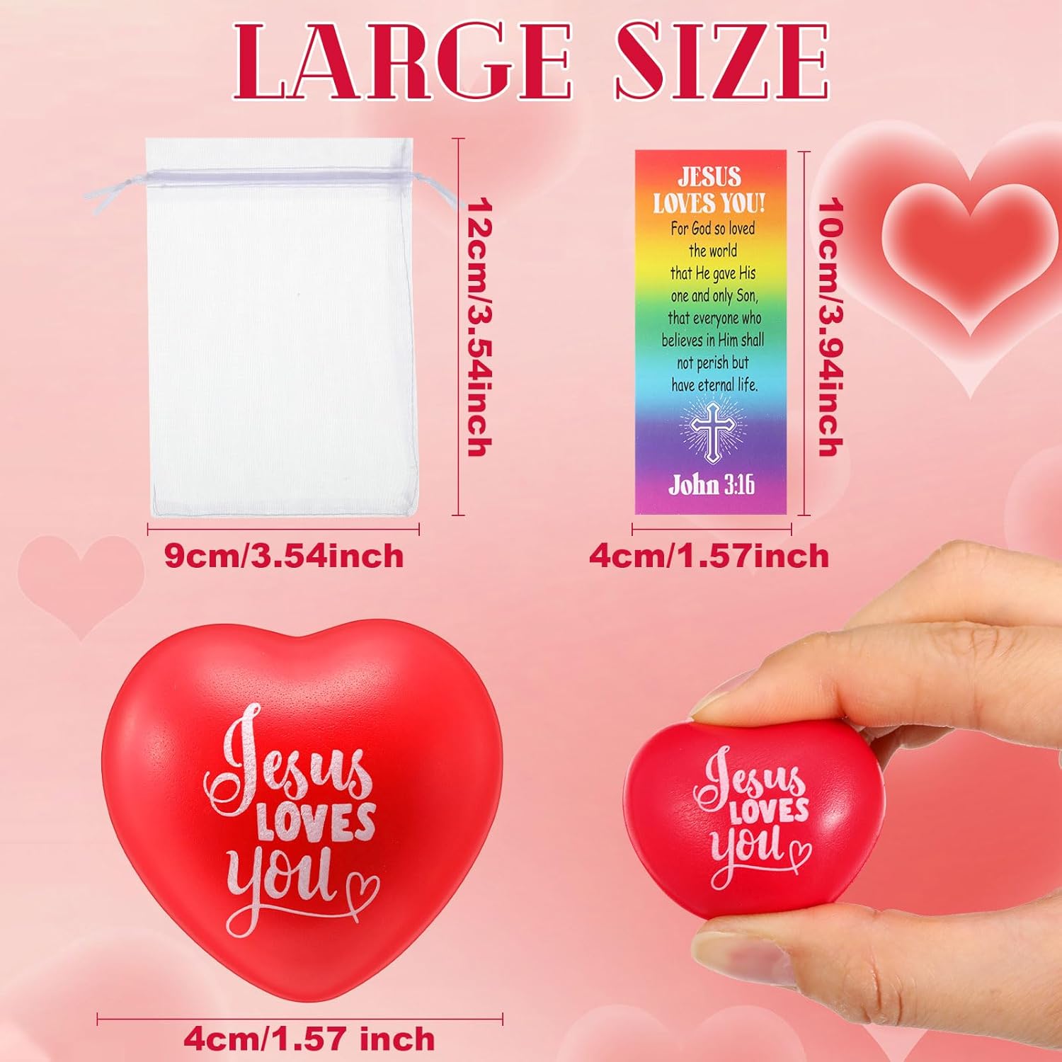 Zubebe 48 Sets Christian Jesus Loves You Heart Stress Balls Gifts Set with Jesus Cards and Organza Bags 1.57 Inch Religious Motivational Relief Ball Bible Baptism Gift
