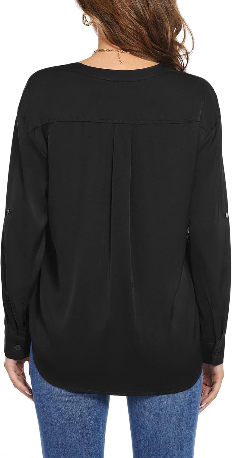 Beyove Satin Blouses for Women Button Down Silky Shirts V Neck Roll Up Long Sleeve Casual Loose Office Work Tops - Image 5