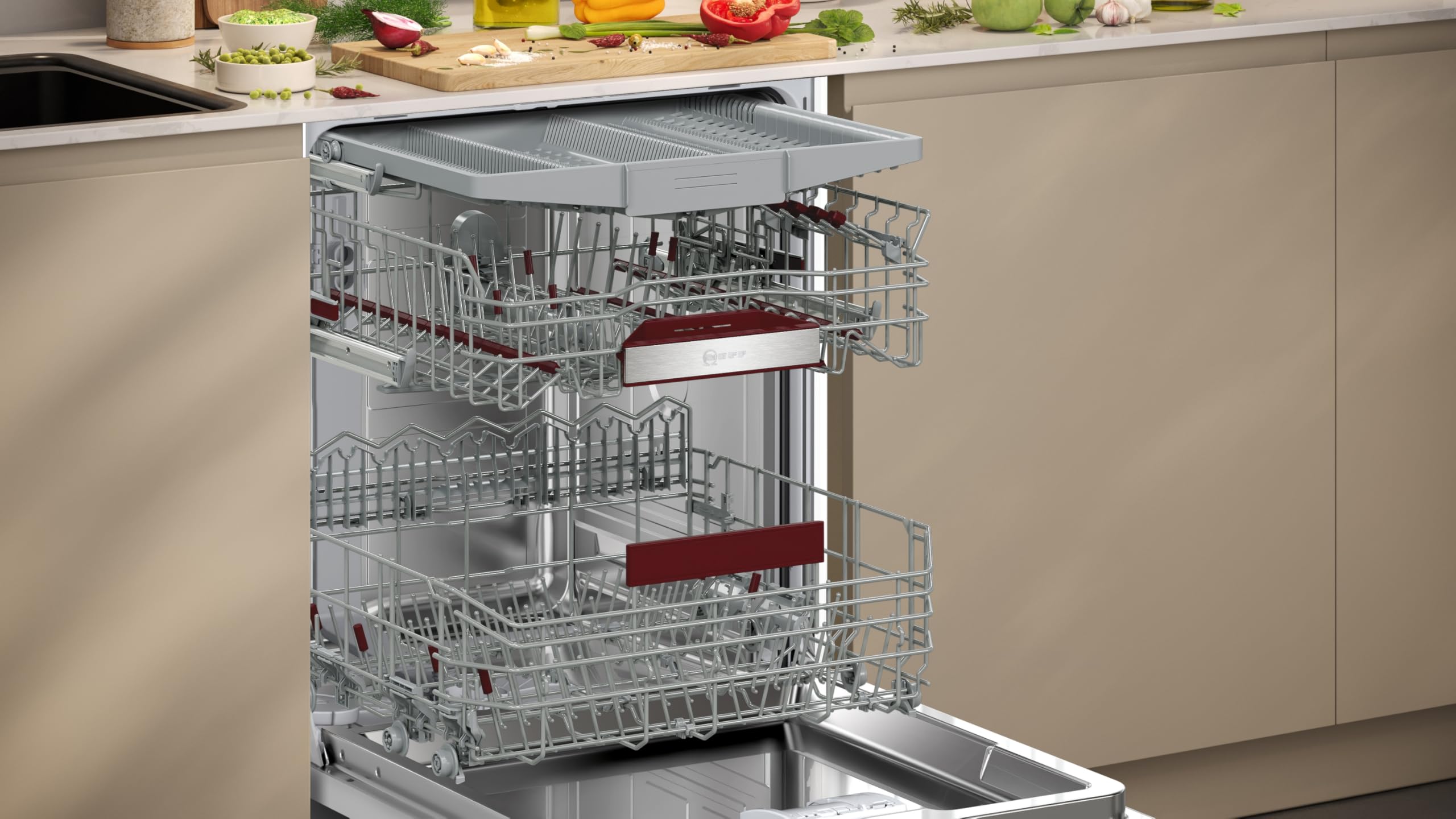 NEFF S157ECX17E, N 70, lavavajillas totalmente integrado, 60 cm, fabricado en Alemania, sistema de cesta Flex 2, 14 cubiertas, Time Light, Smart Start, cesta superior ajustable en altura con RackMatic