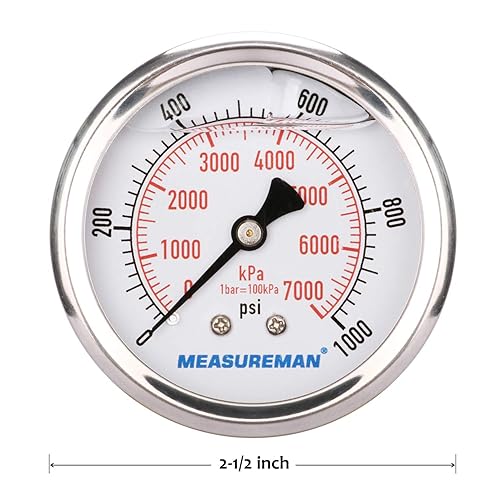 Miniatura 24 de MEASUREMAN - Manómetro relleno de líquido, tamaño del dial de 2.5 pulgadas, 0 a 200 psi/kPa, caja de acero inoxidable 304, montaje inferior NPT