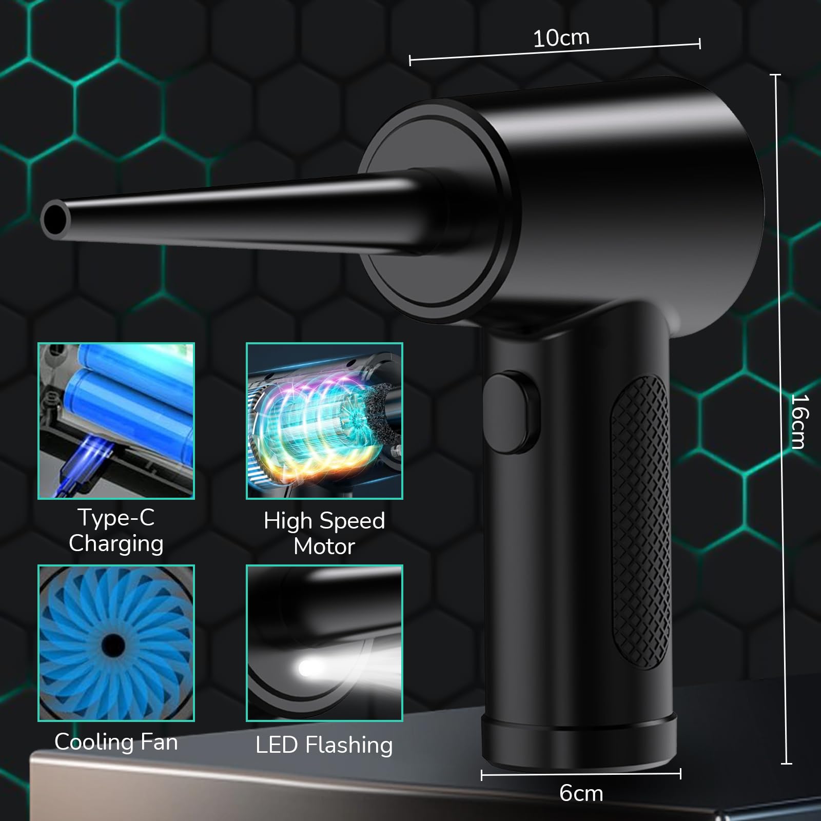 Souffleur Air Comprimé Electrique,3 Vitesses 100000 RPM/min Dépoussiérants Puissants,6000 mAh Batterie avec lumière LED,Air Comprimé Nettoyage pour Ordinateur portable,Clavier,Climatiseur