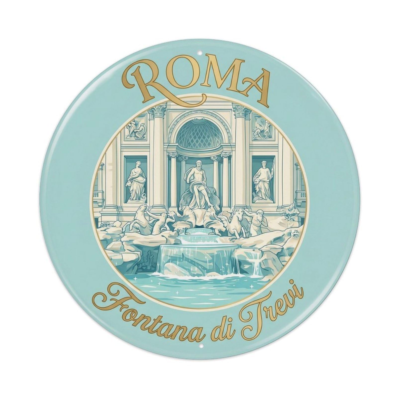 Vintage Travel Rome Trevi Fountain 1 Metal Tin Sign Plaque Wall Decor for Cafe, Club Bar, Office, Home Garden Round Metal Poster 8x8Inch