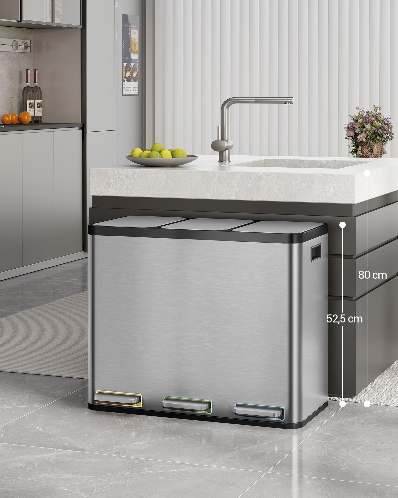 Hzuaneri Mülleimer Küche, Mülltrennsystem 3 Fächer 54L (3 x 18 L), Edelstahl-küchenmülleimer, Tretmülleimer mit Farbcodierbaren Pedalen, Abfalleimer Ruhiger Langsamer Abstieg, Silber SW35499E