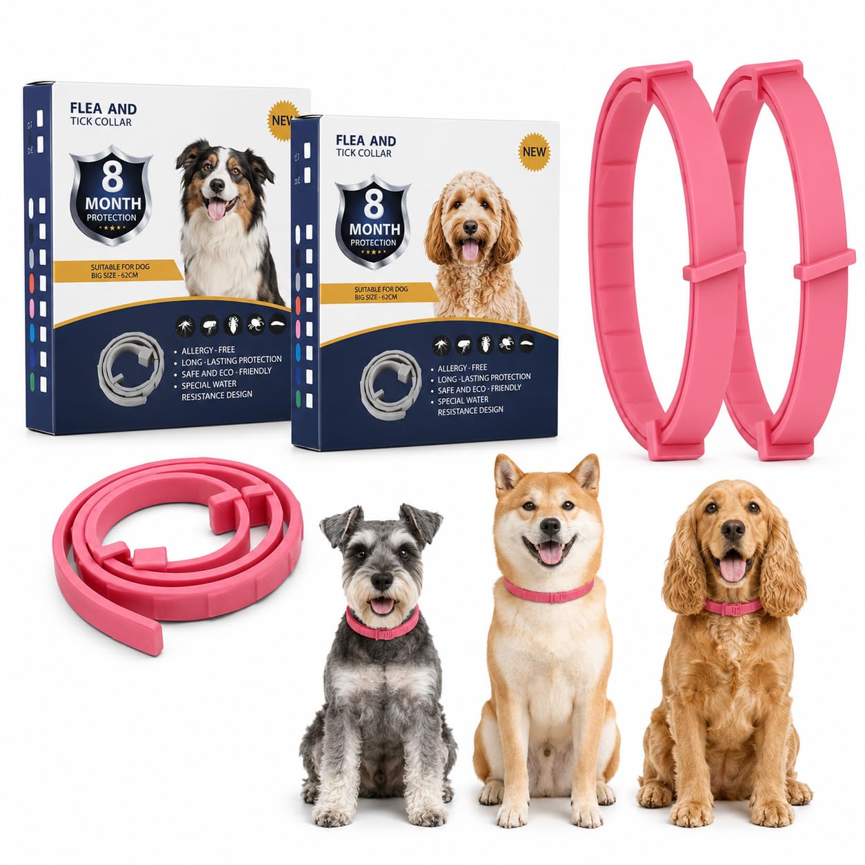 Pink Adjustable Dog Collars, 62 cm, 2-Pack, Integrated Fastening Sliders | For routine wear at home, adaptable neck fit for different dog builds, spare included when replacing a used collar