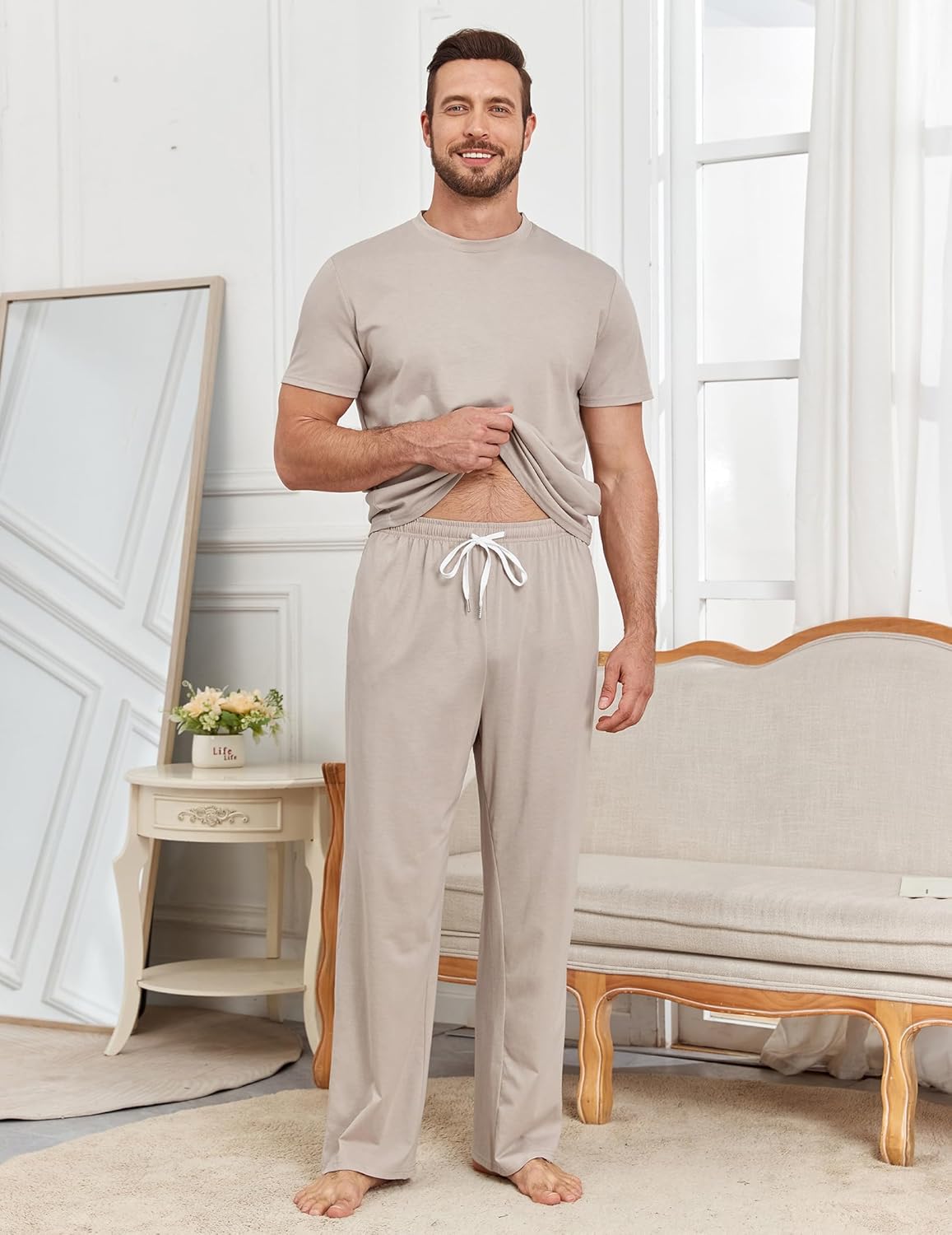 Andeip Mens Pajamas Set 3 Pieces Comfy Lounge Pj Loose Fit Sleepwear Crewneck Top Loungewear Pajama with Pockets