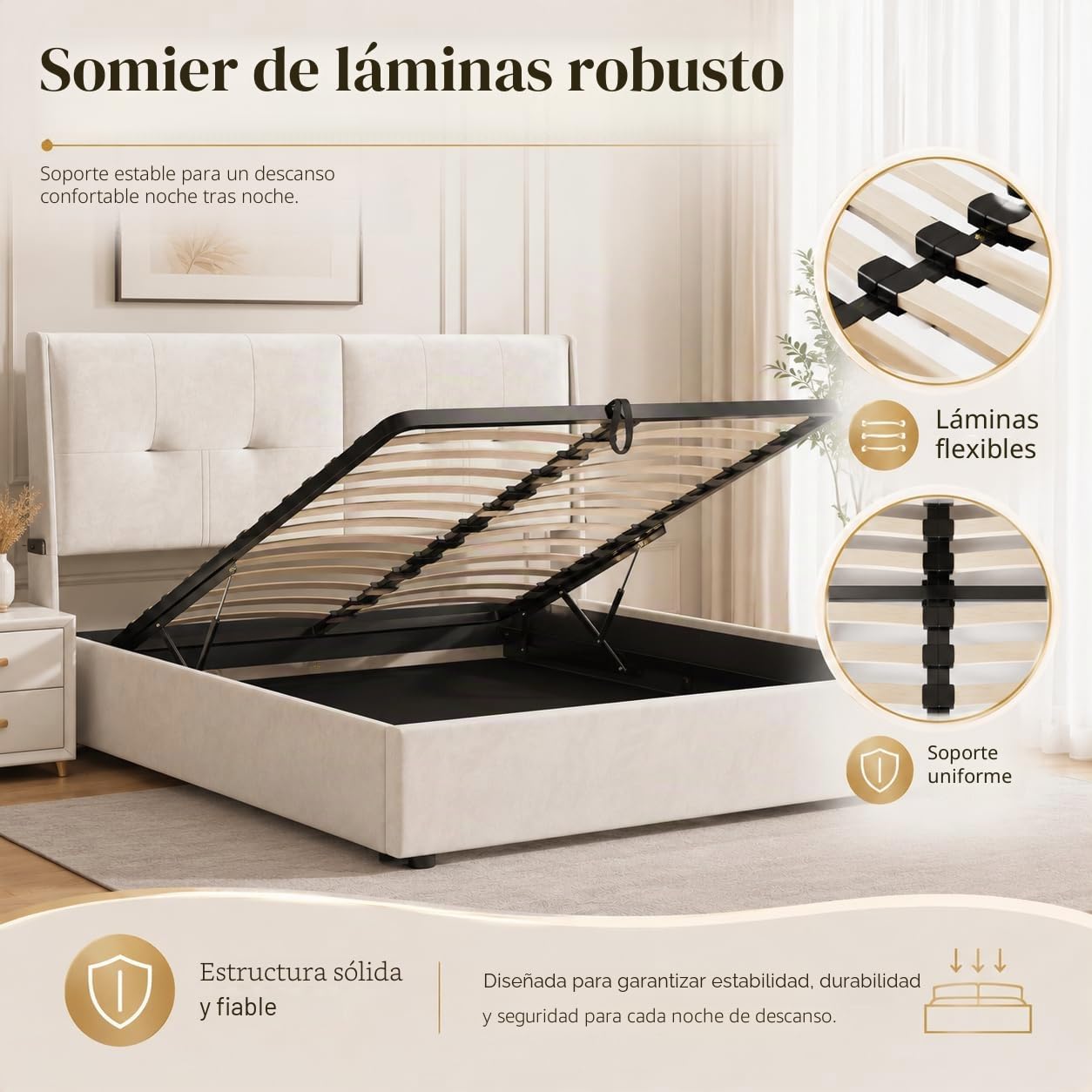 Cama Acolchada De Matrimonio 160 X 200 Cm, Estructura Para Cama Con LED, Almacenamiento De Elevación Hidráulica, Respaldo Cómodo, Somier De Láminas, Franela Beige