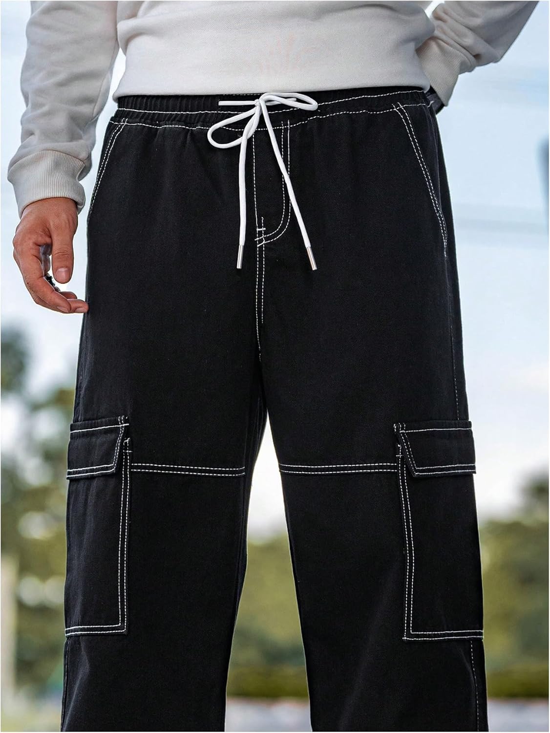 Verdusa Men's Cargo Jeans Streetwear Drawstring Waist Straight Leg Denim Pants with Pockets - Image 5