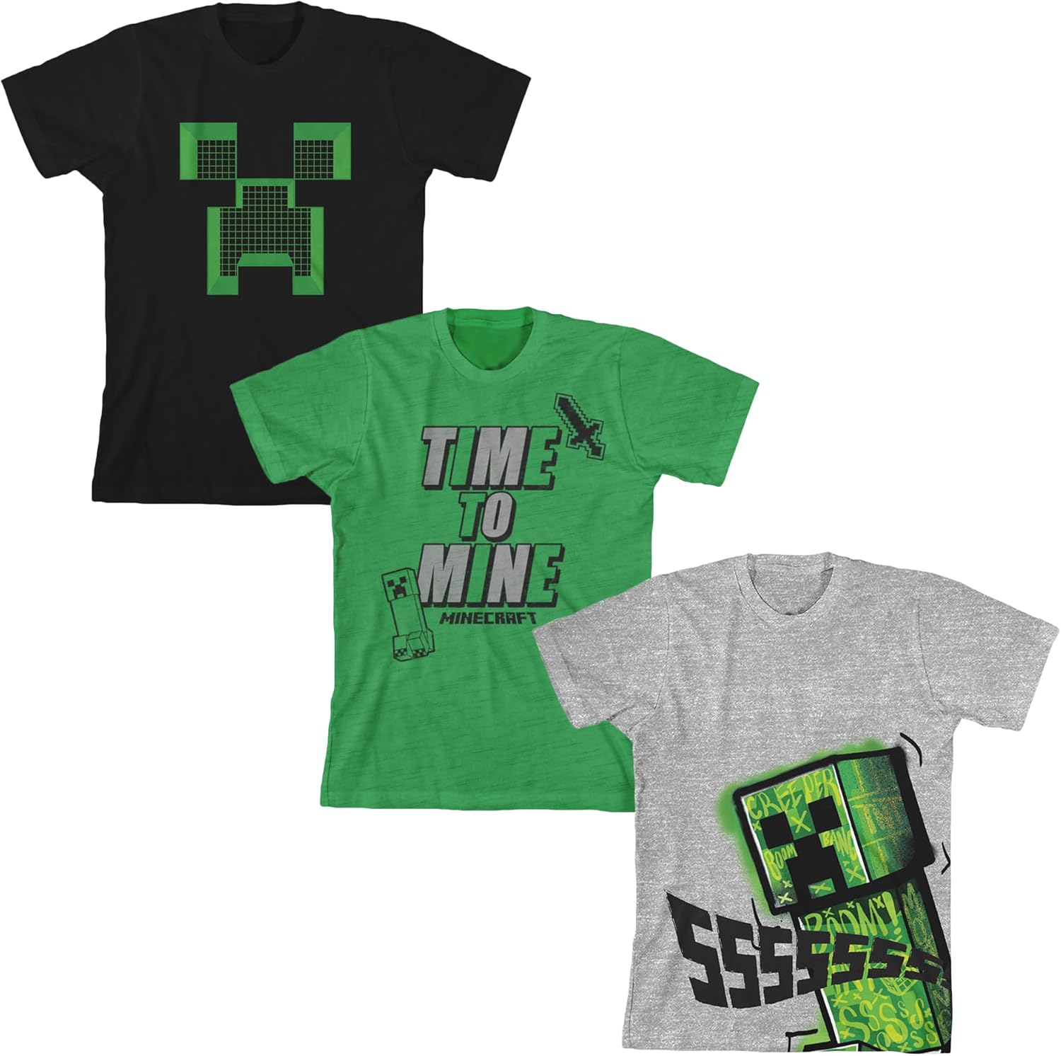 Bioworld Minecraft Time to Mine Boy's 3-Pack Crew Neck Short Sleeve T-Shirt Set