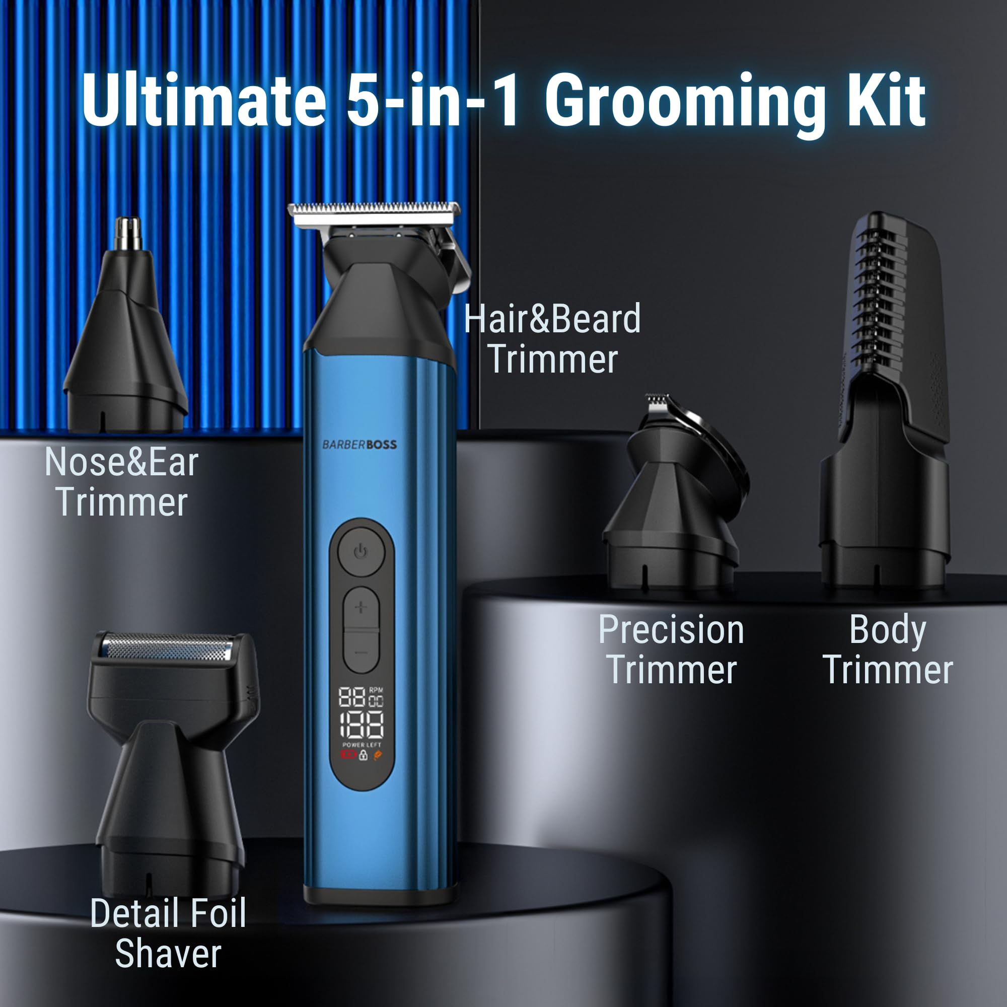 BarberBoss 5-in-1 Bartschneider für Männer, Haarschneider, QR-6020 | Haarschneider, Körperhaarschneider, Nasen- und Ohrhaarschneider, Kabellos wiederaufladbar, Herren-Pflegeset