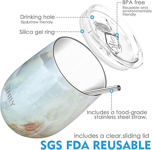 Miniatura 3 de THILY Vaso de vino aislado al vacío de acero inoxidable de 12 onzas con tapa y pajilla, mantiene el frío o caliente para café, cócteles, regalo de