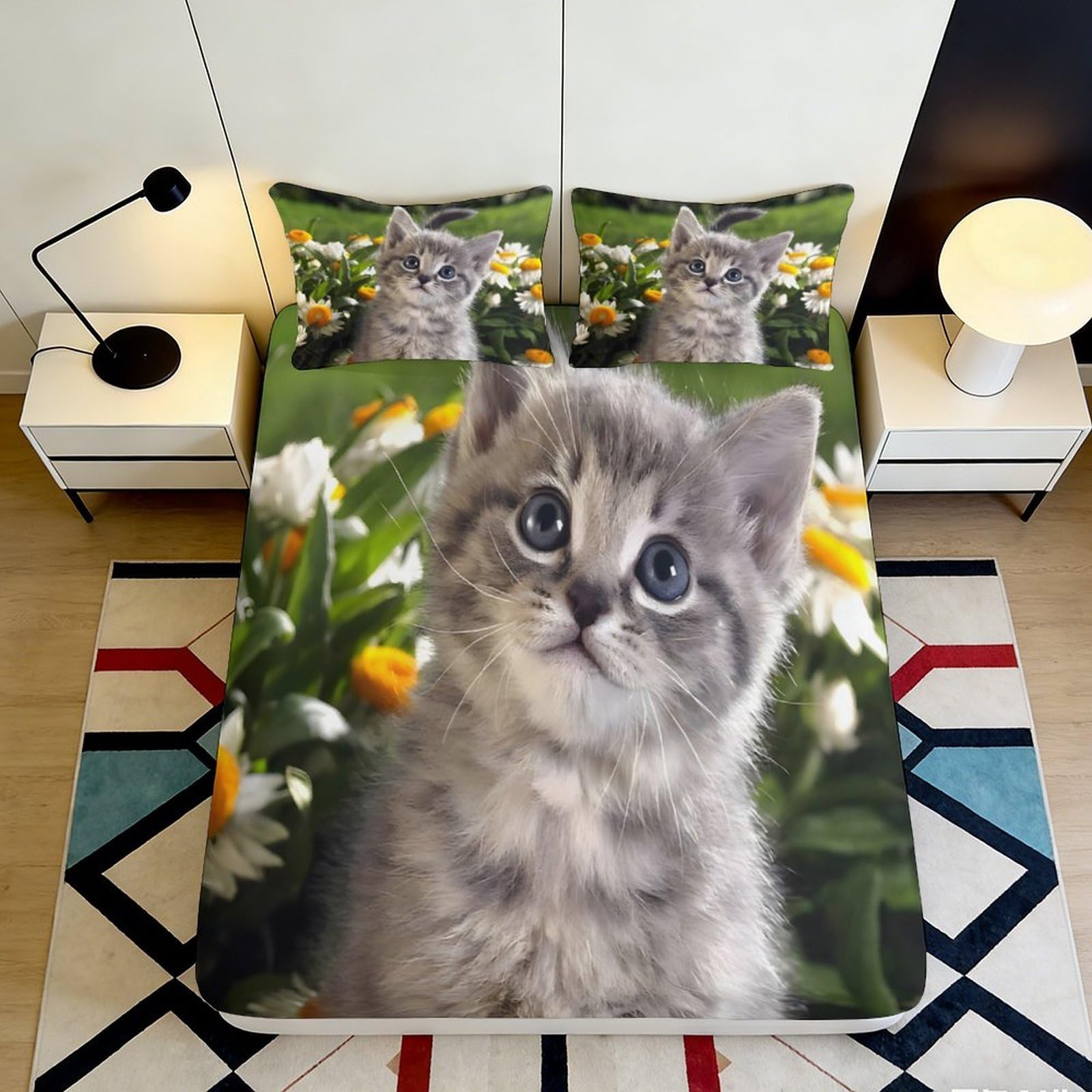 Pnayamiorkfel Style-5 3D Printed Cute Kitten Flower Fitted Sheet Microfiber Soft Breathable Cat Meadow Bed Cover For Bedroom Guest Room Decor 90X200x25cm