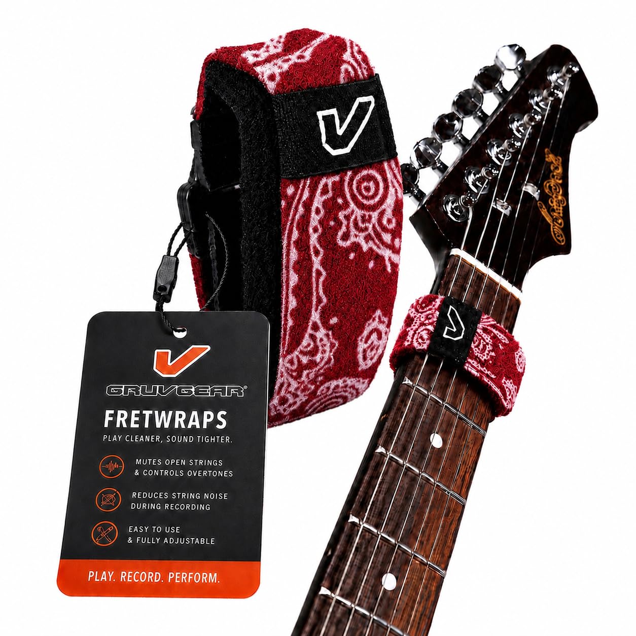 Gruv Gear Fret Wrap &amp; Guitar Mute, Fretwrap for Acoustic, Electric &amp; Bass | String Dampener Recording, Tapping &amp; Practice Accessory (1 Pack, Medium Bandana Red, Fits 5 String Bass, 7 String Guitar)