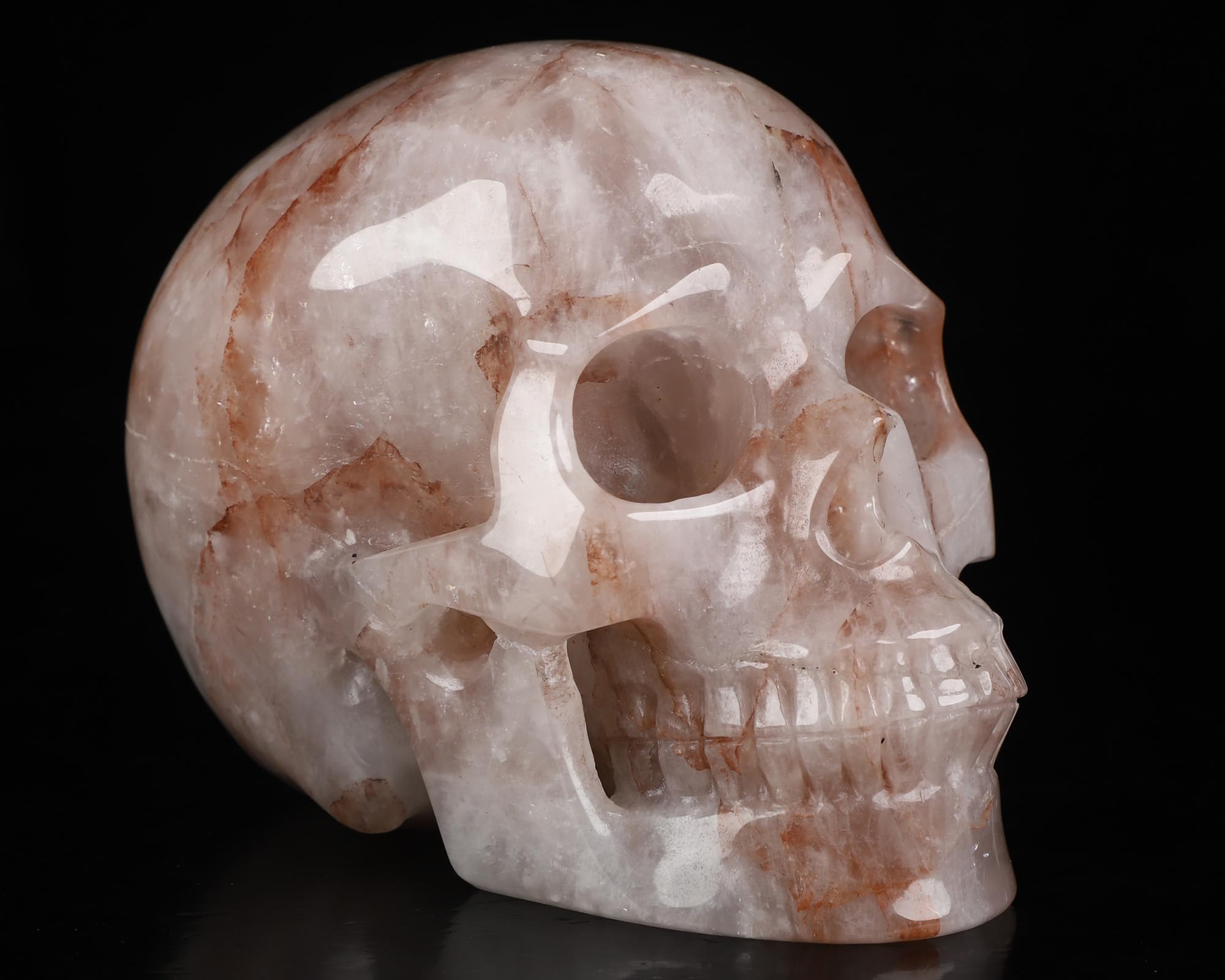 Skullis 12,7 cm Feuerquarz-Kristall-Schädel, handgeschnitzter Edelstein, Kunst-Skulptur, Reiki-Heilsteinstatue.