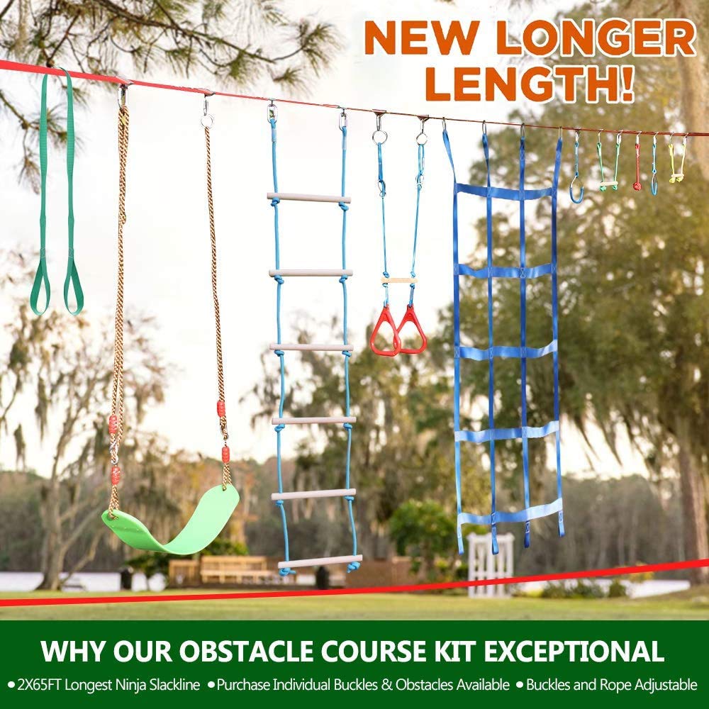 Dripex Slackline Kinder, Ninja Slackline 2×20m und Ninja Warrior Hindernisparcours Garten im Freien,Ninja Parcours Kinder mit Schaukel, Kletterleiter, Kletternetz und Baumschutz, geeignet für Anfänger