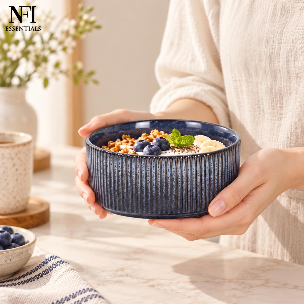 NFI essentials Frontier Ceramic Bowls Perfect for Snack, Side Dishes, Salads Or Desserts Beige Rib-Textured Multipurpose Uses Microwave & Oven Safe Ideal for Gifting & Daily Use — Amazon image 3