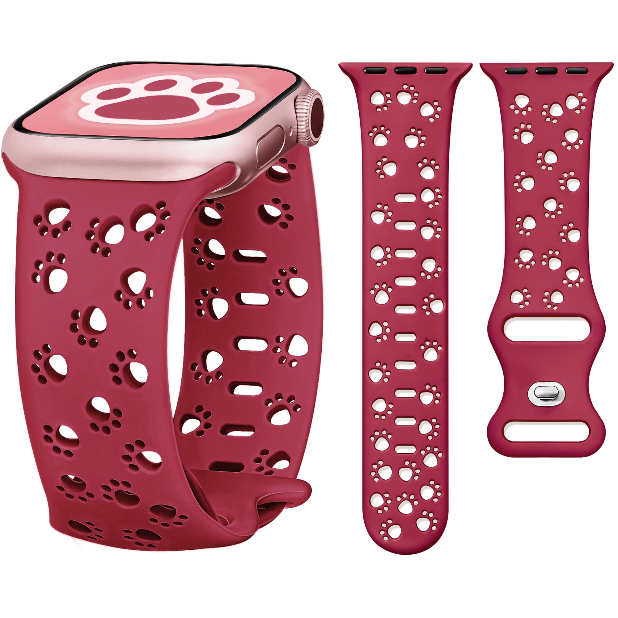 Silicone Band for Apple Watch Bands 46mm 45mm 44mm 49 42mm-S3 for Women, Cute Animal Dog Cat Paw iWatch Bands, Fancy Dressy Sport Band for Apple Watch Band Series 10 9 8 7 SE 6 5 4 3-Red