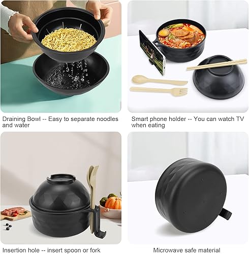 Miniatura 5 de Anyfeel Olla de ramen, cuenco de ramen para microondas con palillos, cuchara, cuenco de fideos para ramen, cocción instantánea para dormitorio