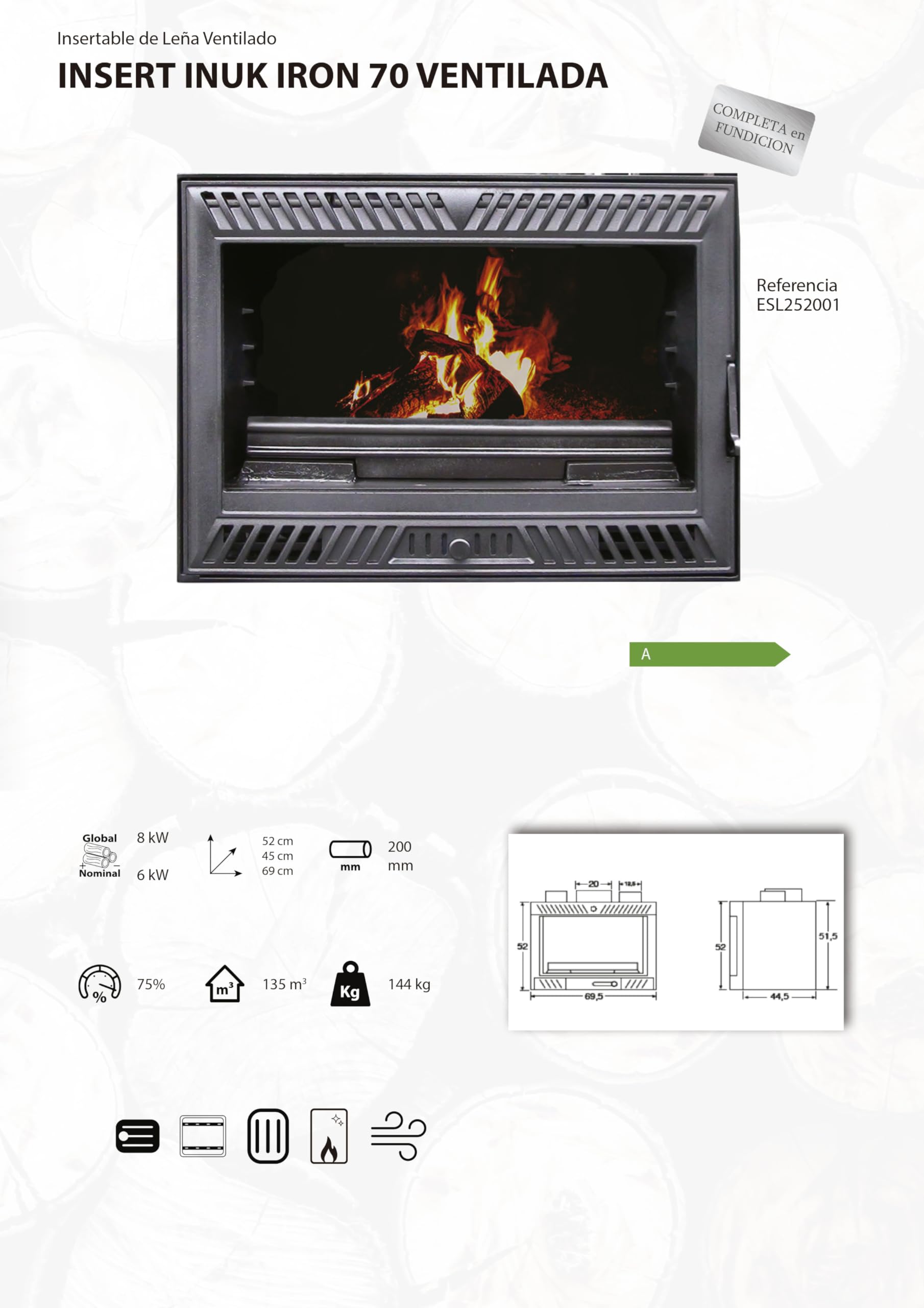 EIDER BIOMASA - Insert INUK Iron 70 VENTILADA - Insertable de Leña Ventilado 8 kW - Compacto 52x45x69 cm - hasta 135 m³ - Eficiencia Energética Clase A - Entera en funcidión