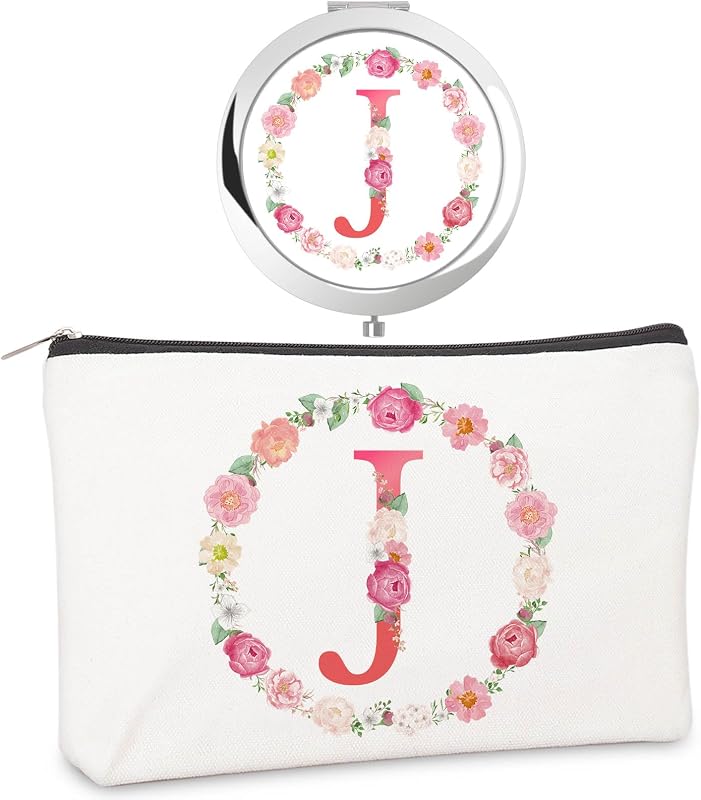 Espelho compacto redondo jekiinova com estampa floral J e bolsa, prata