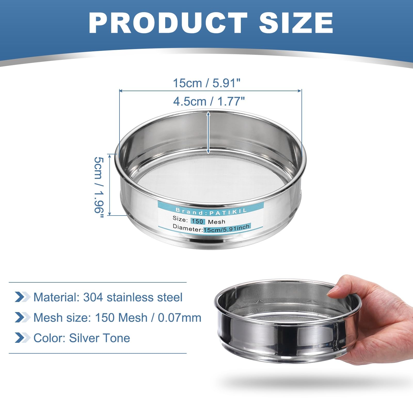 PATIKIL Tamis De Laboratoire 150 Mailles (0.07mm), Diamètre 5.9"(15cm) Toile De Tamisage 304 En Acier Inoxydable Maille Fine Pour Tamisage Industriel Laboratoire