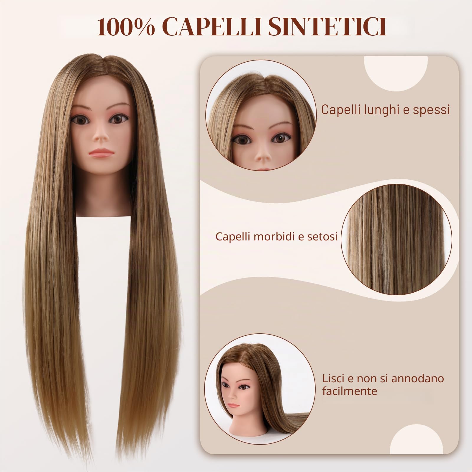 Testa per Parrucchieri 24" Capelli Sintetici Morbidi con Staffa Accessori