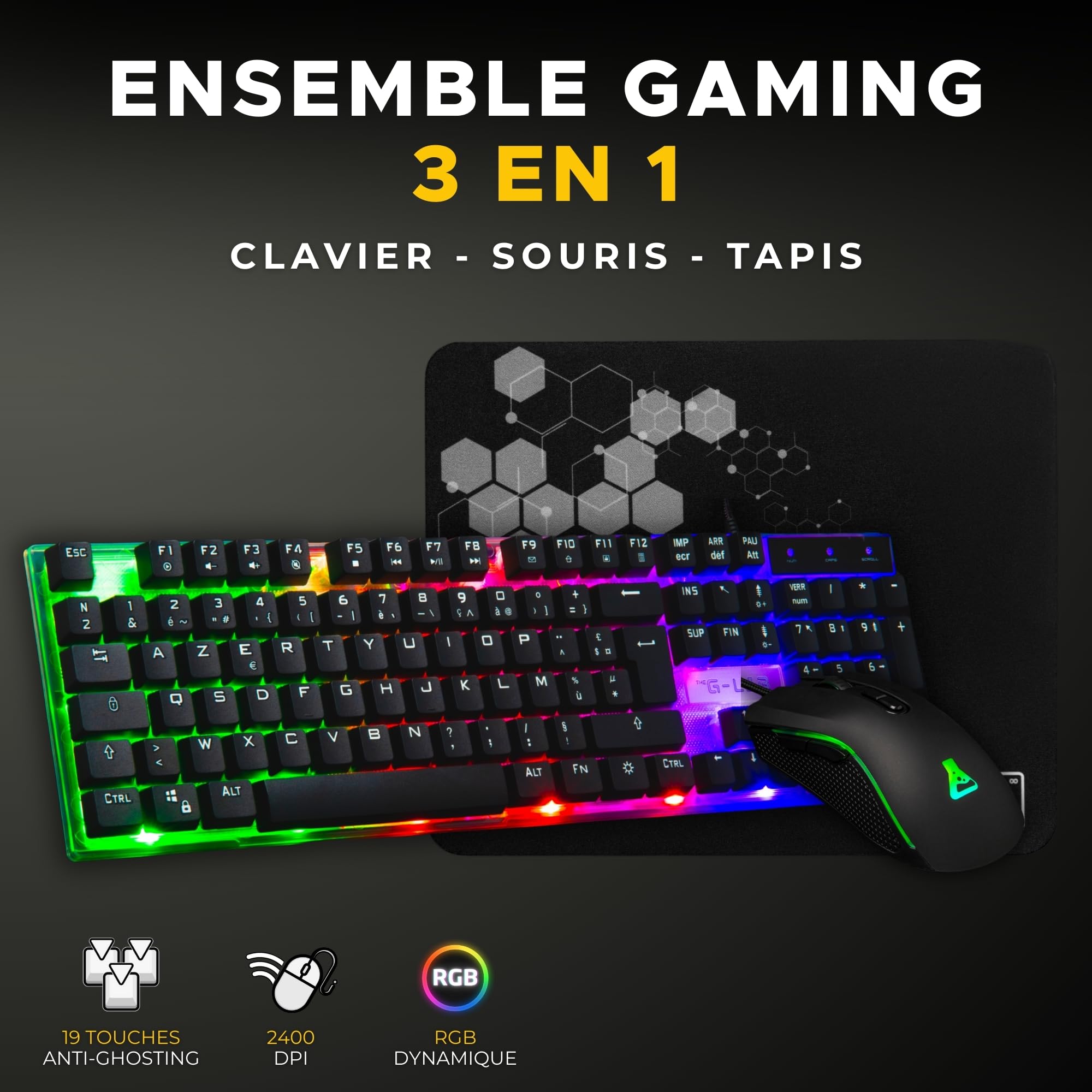 THE G-LAB - Combo Yttrium - Pack Gaming Azerty RGB, Clavier Gamer 105 Touches Et 19 Touches Anti-ghosting - Souris Gamer 2400 Dpi - Tapis De Souris Gaming - Pc Ps4 Ps5 - New