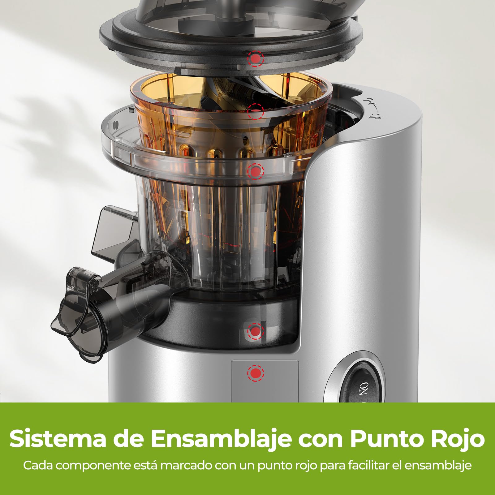 AIRMSEN Extractor de Zumos y Verduras, 82MM Apertura Extractor de Jugo para Verduras y Frutas Enteras, Licuadora Prensado en Frío Slow Juicer Sin BPA, Fácil de Instalar, 150W (Plata)