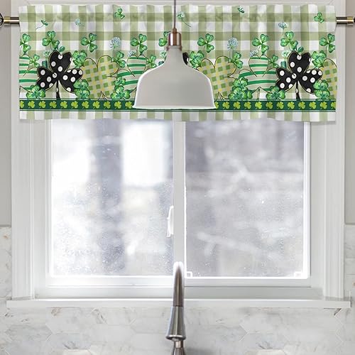 Miniatura 2 de HawSkgFub Cenefa de cortina de cocina de trébol del día de San Patricio de 54 x 18 pulgadas cortinas cortas de trébol a cuadros con bolsillo para